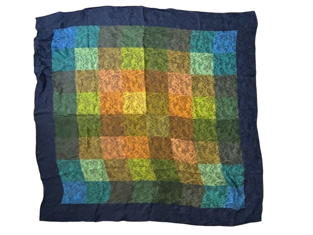 Echo Scarf VINTAGE 100% SILK Square Japan Blue Green Brown Squares Geometric 36”